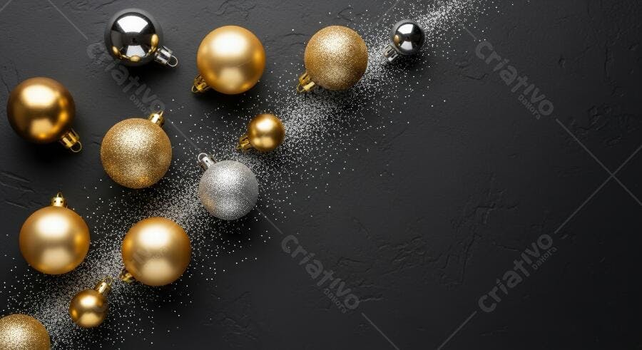 Enfeites de Natal dourados e prateados em fundo preto com glitter