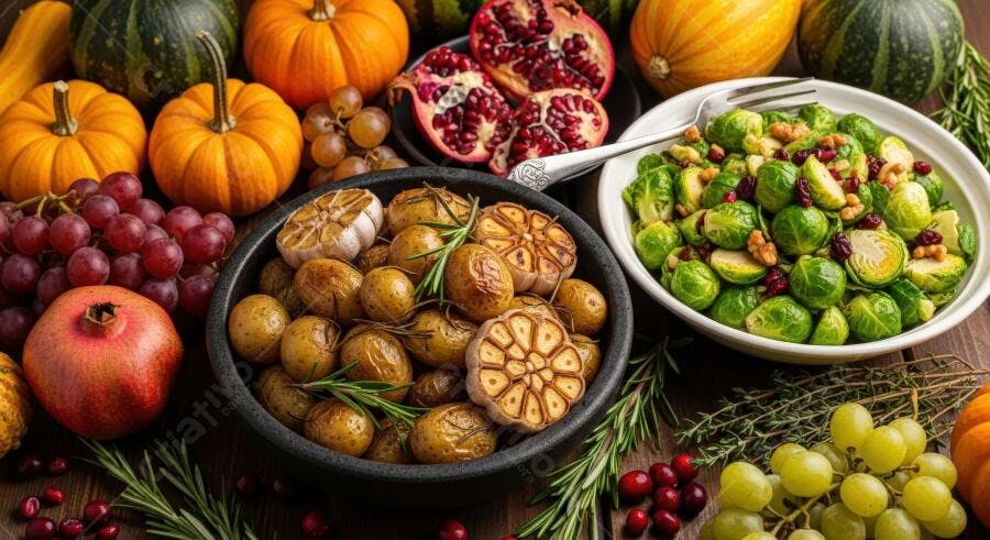 Mesa de outono com vegetais assados abóboras frutas frescas para Ação de Graças