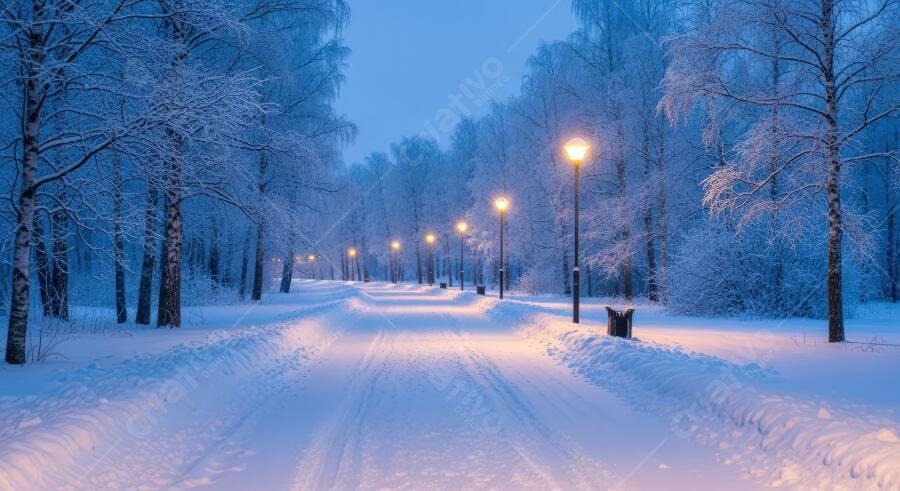 Caminho nevado em parque com árvores congeladas e postes de luz laranja no inverno