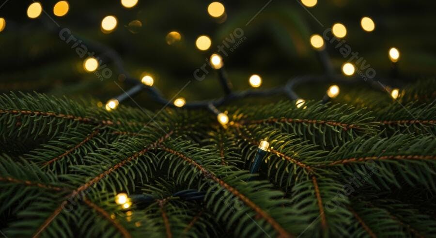 Textura galho de pinheiro com luzes de Natal douradas para fundo festivo