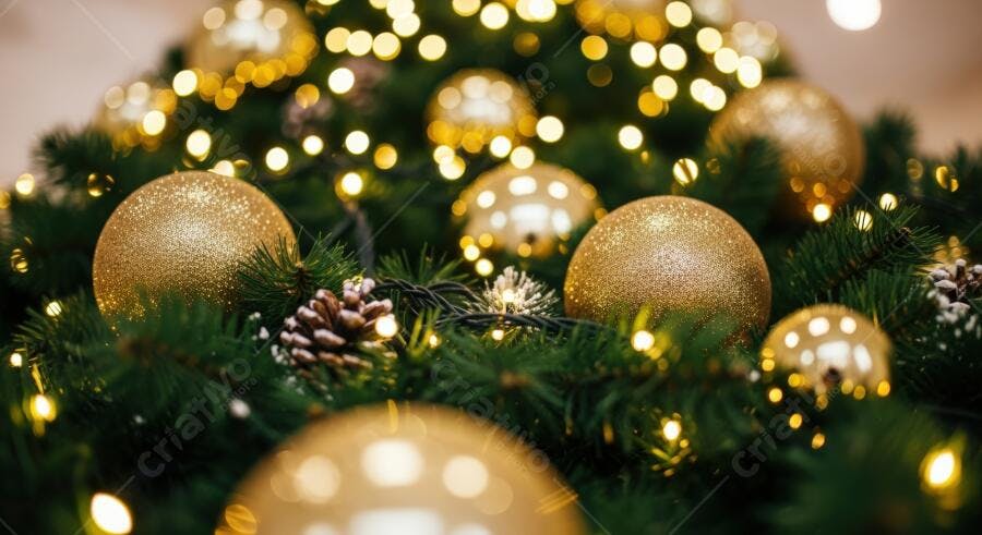 Textura Natalina Glitter Dourado e Pinheiro com Luzes para Fundo Festivo