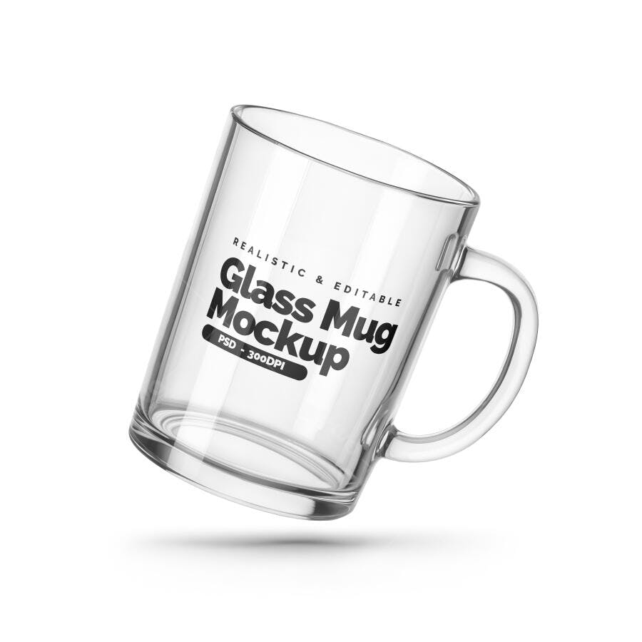 Mockup Caneca de Vidro Transparente Realista Flutuante em Fundo Branco Minimalista