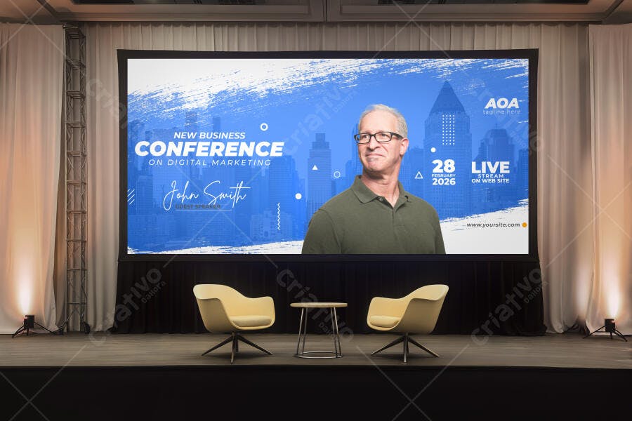 Mockup Realista de Tela de Projeção em Palco de Conferência com Palestrante e Poltronas Amarelas