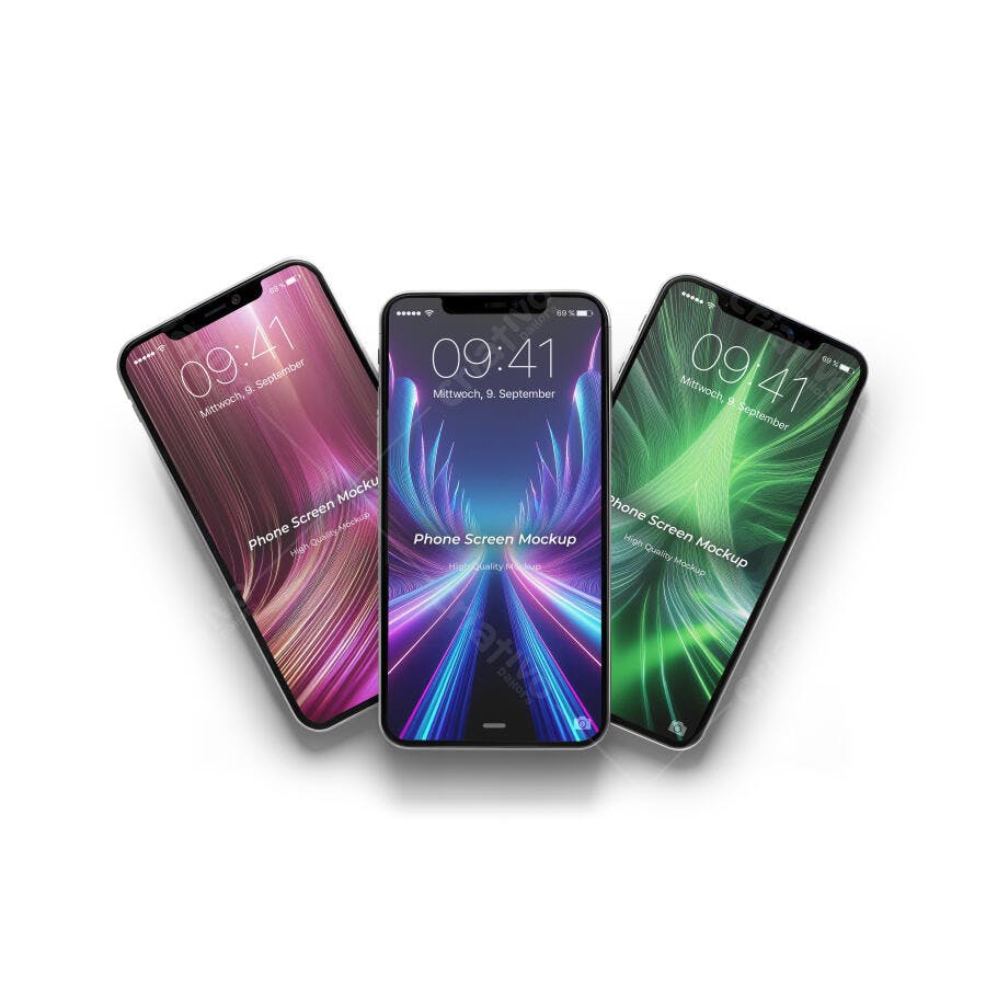 Mockup de 3 Smartphones com Telas Vibrantes e Efeitos de Luz Neon Abstratos