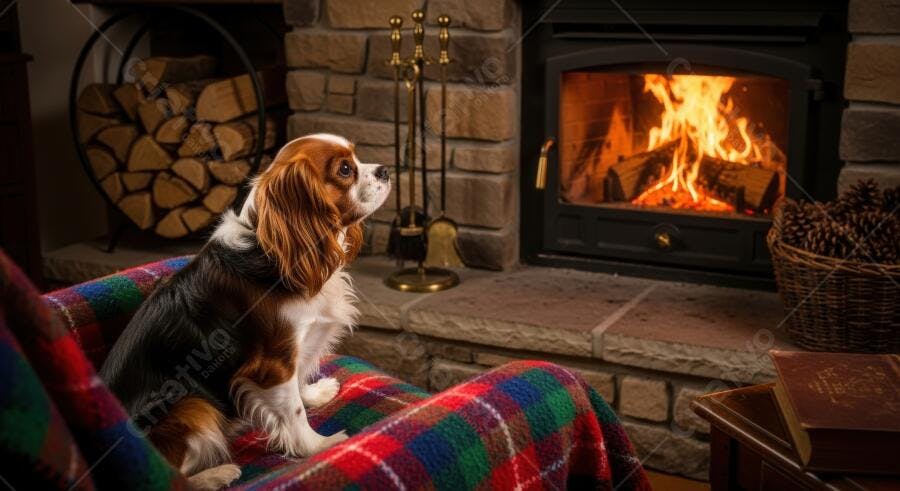 Cachorro Cavalier olhando lareira acesa em poltrona aconchegante