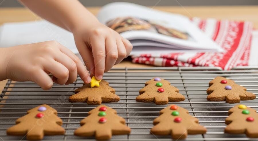 Mãos de criança decorando biscoitos de Natal em forma de árvore com confeitos coloridos