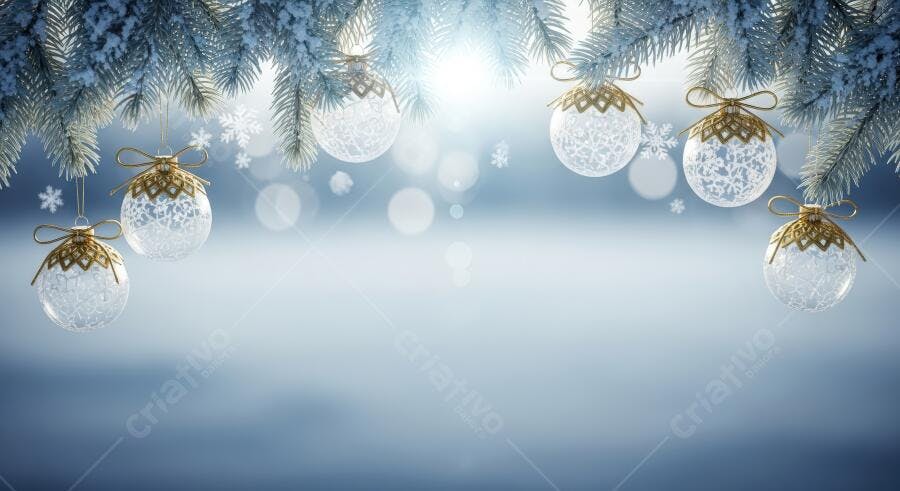 Enfeites de Natal dourados e brancos em galhos nevados com fundo azul festivo