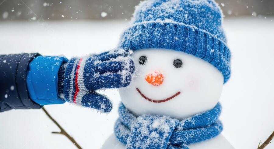 Boneco de neve sorridente com touca azul e luva de criança nevando