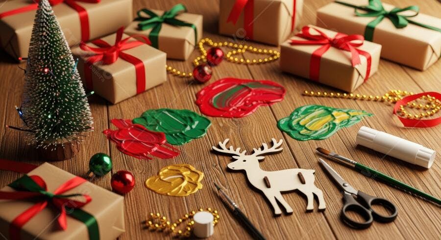 Decorações de Natal com árvore miniatura tinta e presentes na mesa de madeira