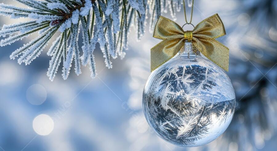 Ornamento de Natal dourado em galho de pinheiro com geada azul inverno