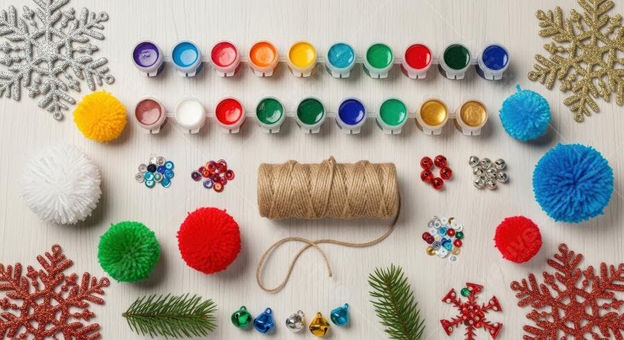 Materiais de artesanato natalino tintas coloridas pompons sinos e flocos de neve brilhantes