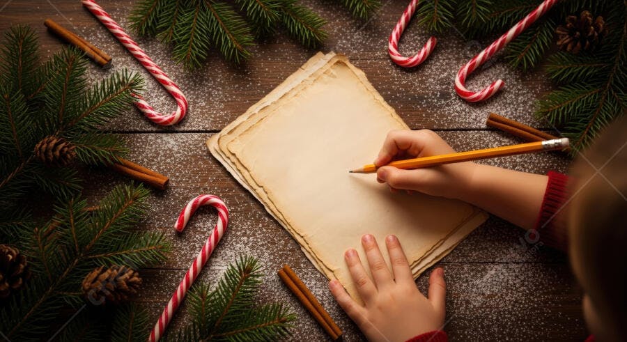 Criança escrevendo carta de Natal em mesa rústica com pinhas, doces e canela