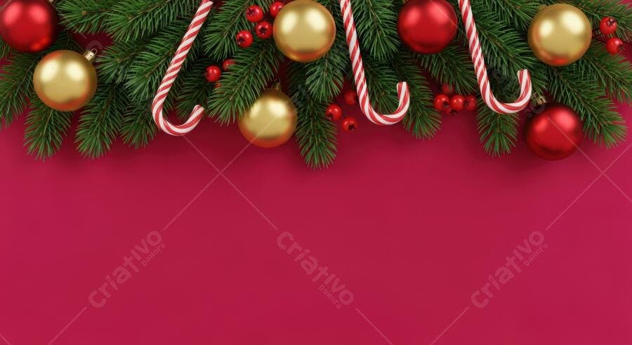 Decoração de Natal com pinho bolas douradas e vermelhas bengalas doces fundo vermelho