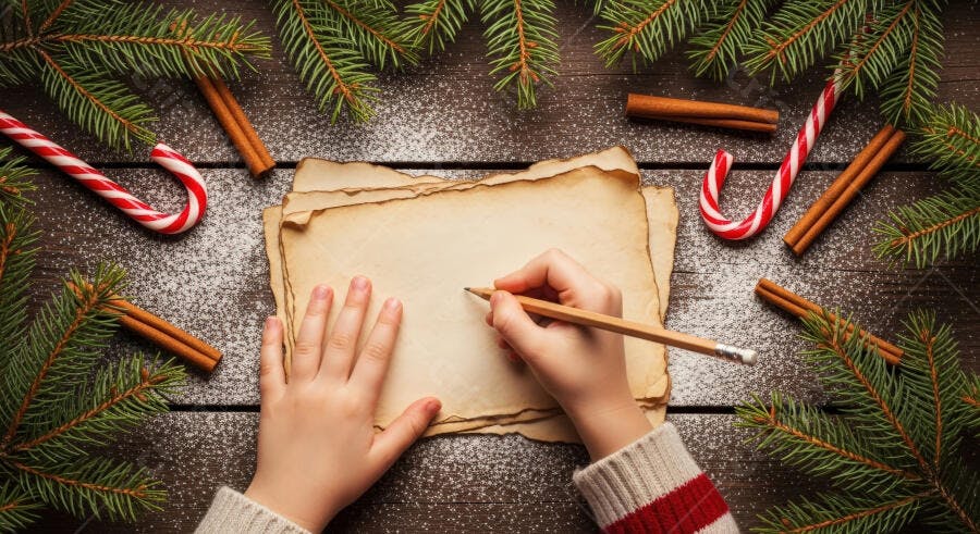 Mãos de criança escrevendo carta de Natal em mesa rústica com enfeites