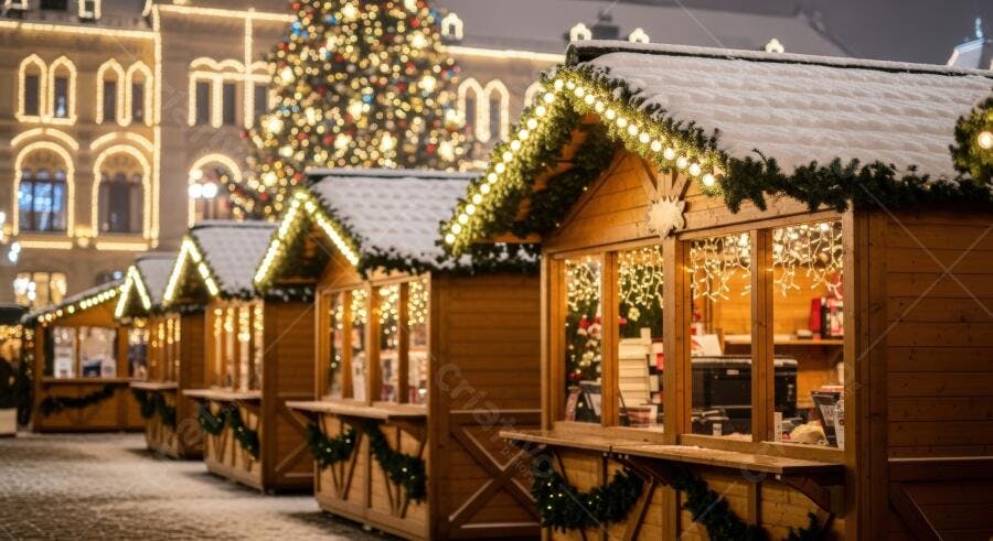 Barracas de mercado de Natal de madeira com luzes douradas e neve no inverno