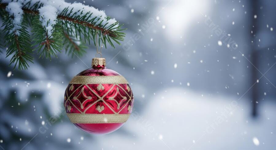 Bola de Natal vermelha em galho de pinheiro nevado na floresta de inverno