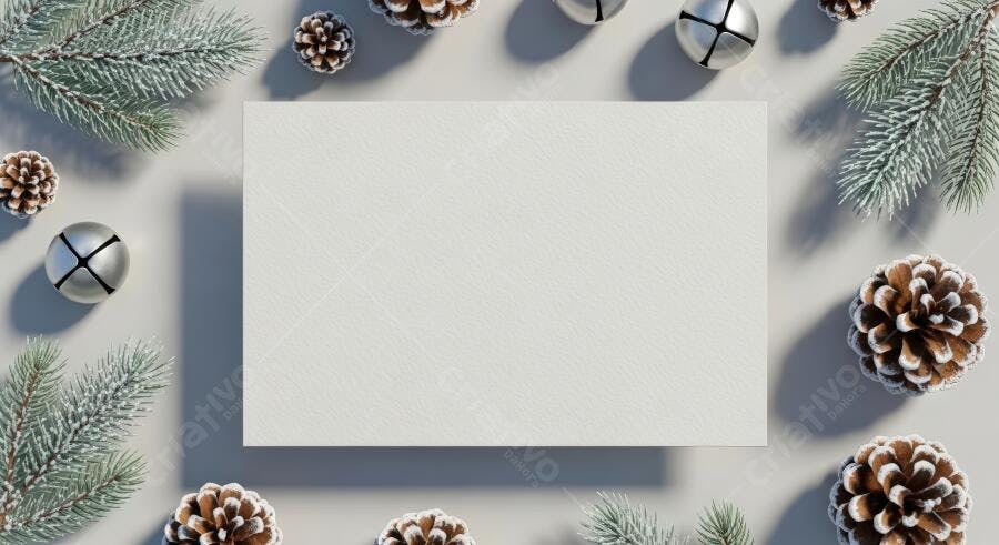 Cartão branco de Natal com pinhas e ramos nevados sinos prateados
