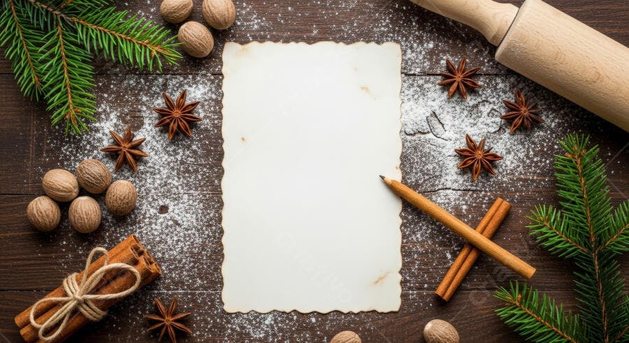 Papel vintage vazio com especiarias de Natal e pinho na madeira escura