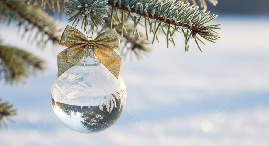 Bola de Natal de vidro com laço dourado em pinheiro nevado na floresta de inverno