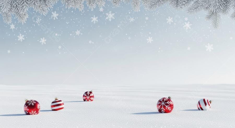 Bolas de Natal vermelhas e brancas na neve com galhos congelados e flocos caindo
