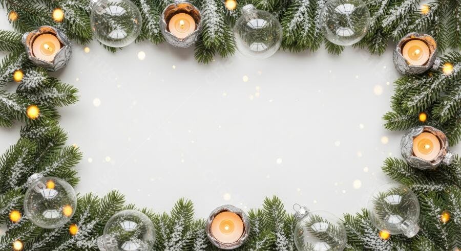 Moldura de Natal com galhos verdes nevados velas acesas e enfeites prateados