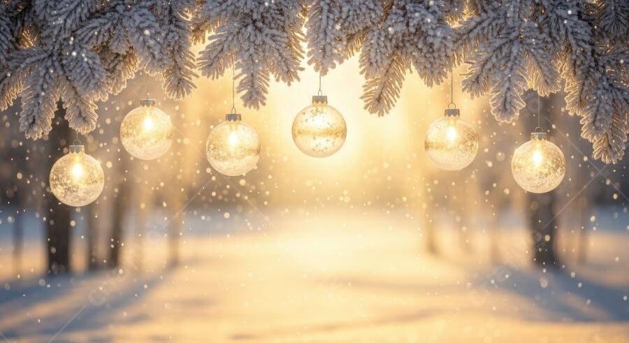 Bolas de Natal brilhantes penduradas em pinheiros nevados ao amanhecer