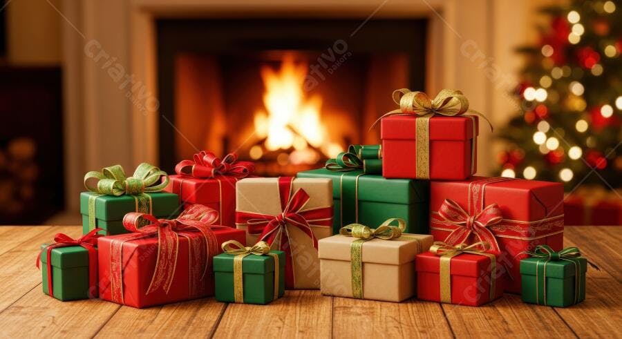 Presentes de Natal vermelhos e verdes com laços dourados em frente à lareira acesa