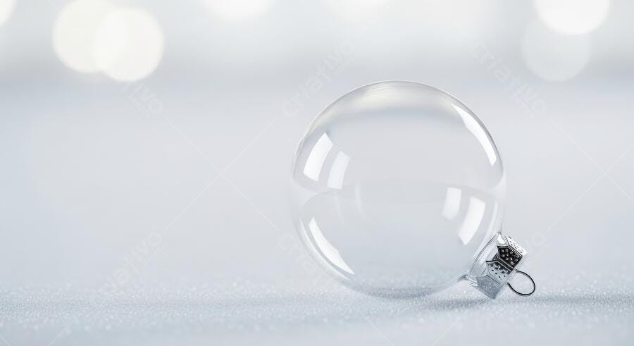 Bola de Natal transparente de vidro sobre superfície branca brilhante e luzes bokeh