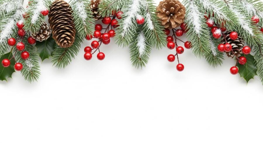 Guirlanda de Natal com pinhas e azevinho nevado fundo branco