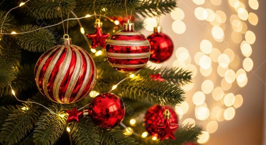Árvore de Natal decorada com bolas vermelhas e douradas luzes brilhantes