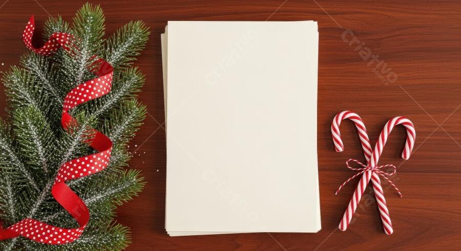 Pilha de papel em branco com pinheiro verde fita vermelha e bengalas doces Natal