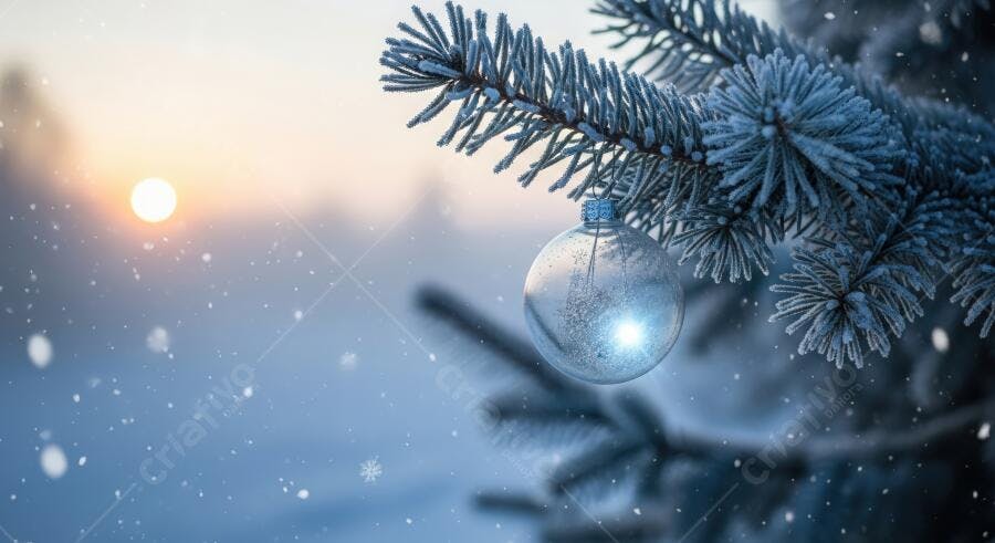 Enfeite de Natal azul em galho de pinheiro congelado ao amanhecer nevado