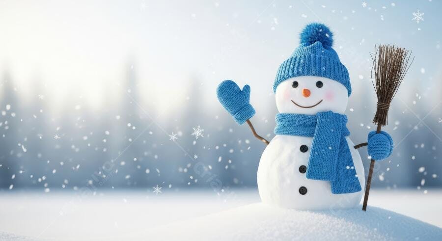 Boneco de neve feliz com gorro azul e vassoura em paisagem nevada