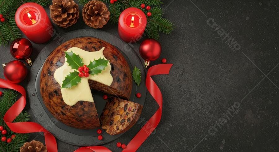 Bolo de Natal fatiado com azevinho velas vermelhas e pinhas em fundo escuro