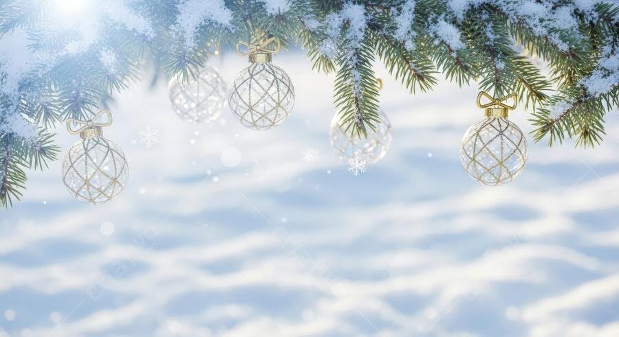 Enfeites de Natal dourados em galhos de pinheiro nevados inverno