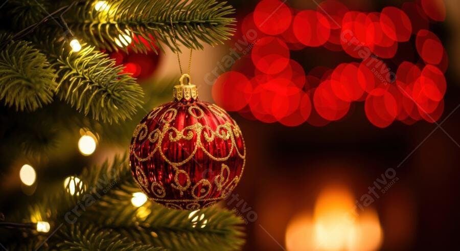 Bola de Natal vermelha dourada e verde em árvore iluminada com luzes amarelas aconchegantes