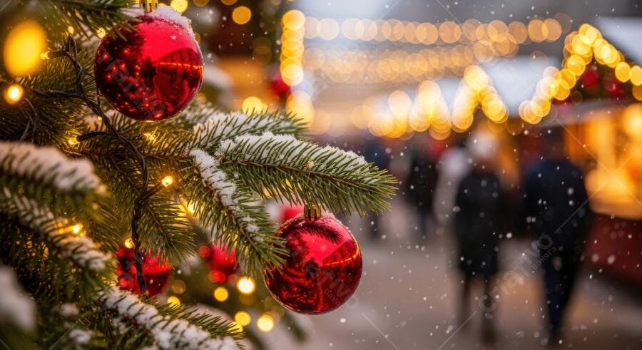 Galho de pinheiro com enfeites vermelhos e neve em mercado de Natal noturno
