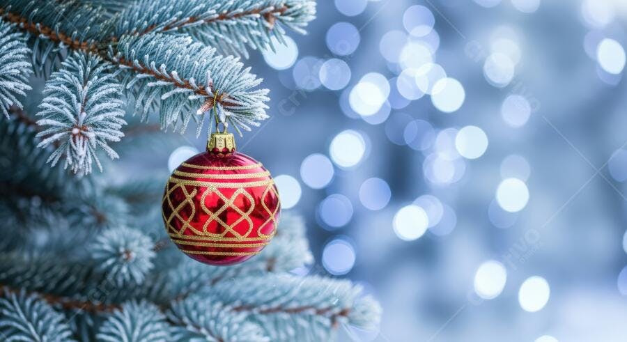 Árvore de Natal com bola vermelha e dourada iluminada por luzes azuis