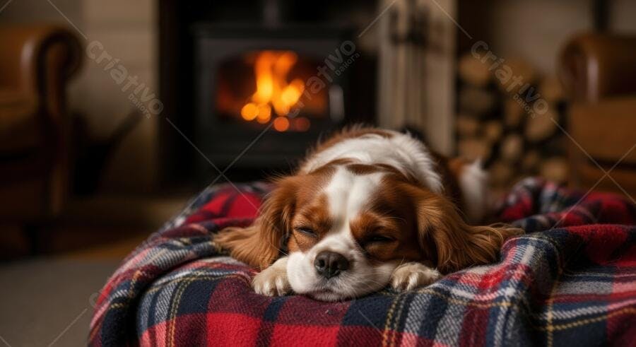 Cachorro Cavalier dormindo em cobertor xadrez perto da lareira