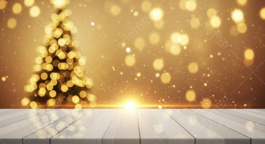 Árvore de Natal dourada bokeh com mesa de madeira clara e brilho festivo