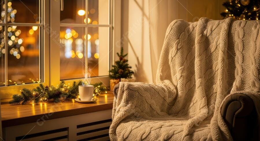 Cena aconchegante de inverno com xícara fumegante e luzes natalinas na janela