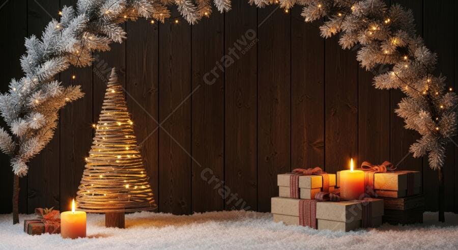 Cena de Natal com árvore de vime velas acesas e presentes na neve