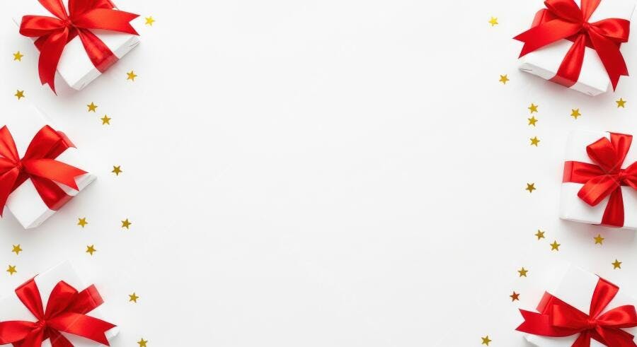 Caixas de presente brancas com laços vermelhos e estrelas douradas em fundo branco