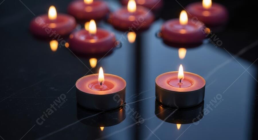 Velas tealight vermelhas acesas em superfície escura com reflexos brilhantes