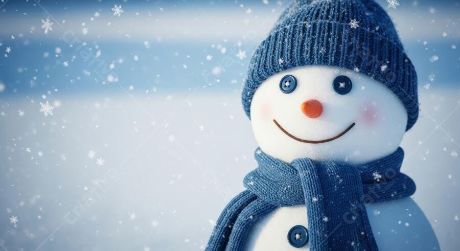 Boneco de neve sorridente com gorro e cachecol azuis em dia de inverno nevado
