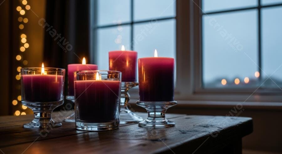 Velas roxas e rosas acesas em mesa de madeira rústica ambiente aconchegante noturno