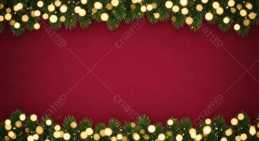 Fundo vermelho natalino com borda de pinho e luzes douradas brilhantes