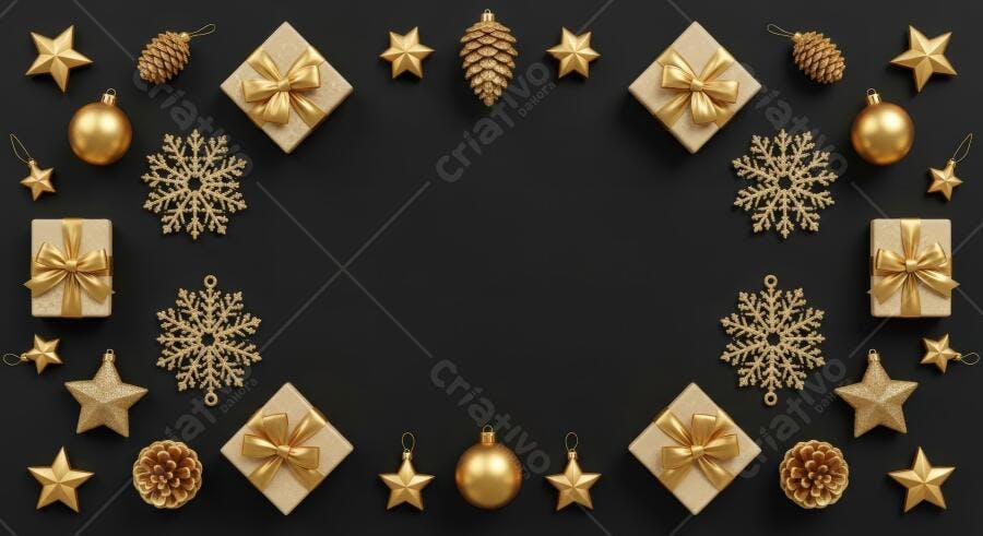 Decorações de Natal douradas e presentes em fundo preto festivo