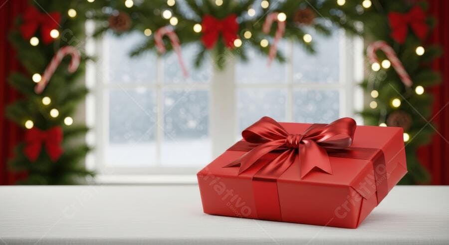 Caixa de presente vermelha sobre mesa branca com guirlanda de Natal e neve