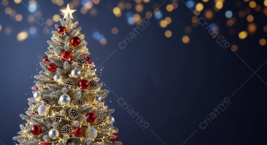 Árvore de Natal decorada com bolas vermelhas e prateadas sobre fundo azul escuro festivo